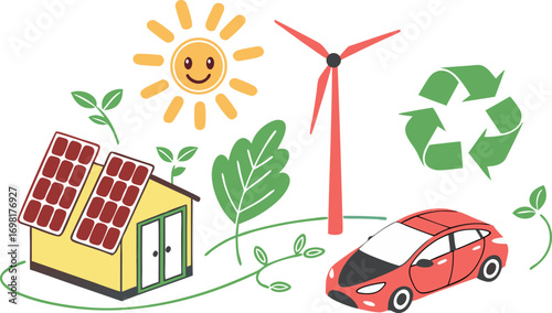 Eco-friendly living illustration: Solar panels, wind turbine, electric car for green lifestyle