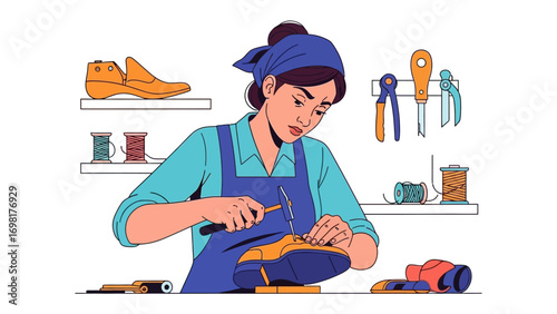 Crafting Footwear: The image showcases a focused artisan meticulously shaping a leather shoe, surrounded by essential tools and materials. Demonstrating skill and care in her craft.