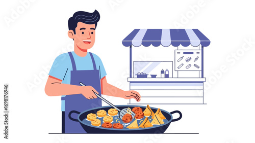 Street Food Chef: A street food chef meticulously prepares a variety of flavorful fried snacks, inviting taste buds to explore a culinary journey in the bustling street food culture.