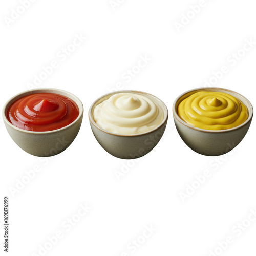 Bowls of ketchup mayonnaise and mustard isolated on transparent background