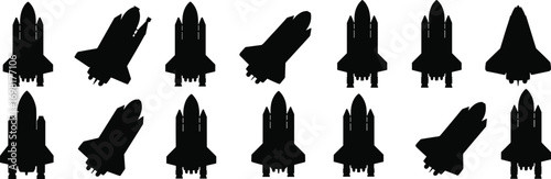 Space shuttle silhouette vector set, rocket spaceship icons, NASA spacecraft clipart, space exploration graphic design bundle for download