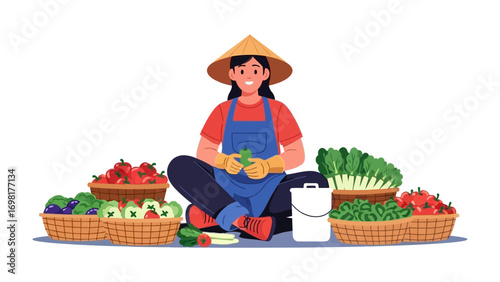 Harvest Bounty: A dedicated farmer, adorned in a traditional hat, skillfully tends to a vibrant array of fresh vegetables, showcasing the essence of sustainable agriculture and the fruits of labor.