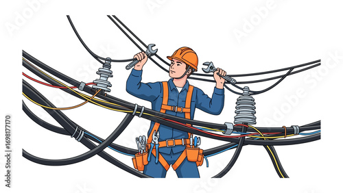 Power Line Technician: A skilled technician, equipped with protective gear and tools, expertly works on a network of power lines, ensuring the reliable distribution of electricity. 