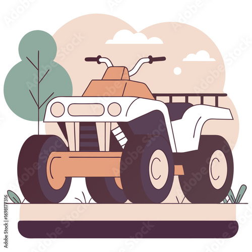 Illustration of a white and orange all terrain vehicle in a natural setting