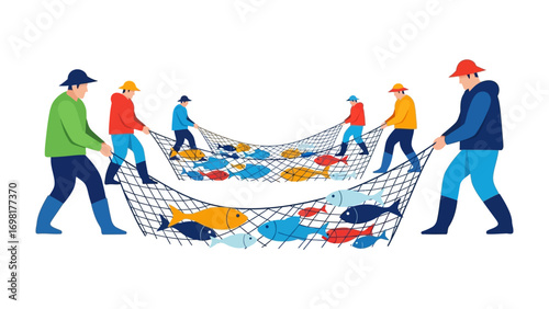 Fishing Crew: A group of fishermen working together to haul in a full net of colorful fish, their teamwork and determination evident in their synchronized efforts.