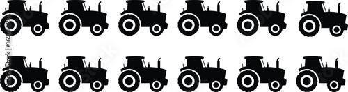 Tractor silhouette vector set, black farm vehicle icons, agricultural machinery graphic, farming clipart for design and illustration