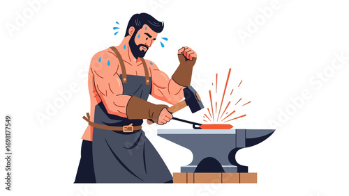 Forging Ahead: A muscular craftsman hammers metal with precision and strength, focused on his craft, sweat beading on his skin. This image embodies skill, dedication, and the power of hard work.