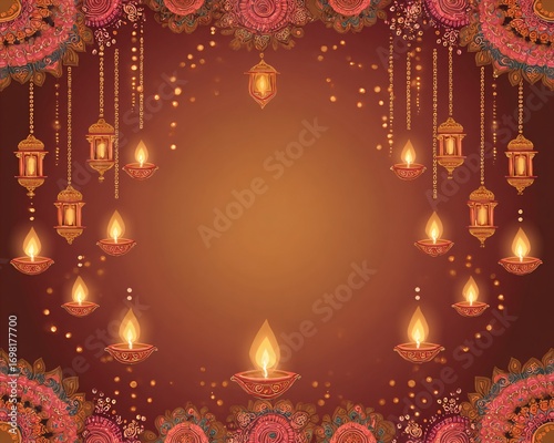 Diwali diya border frame vector, decorative hanging lamps for Indian festival celebration background.