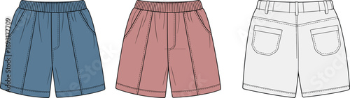 Trendy kids shorts front and back view, elastic waist design, stylish summer wear for boys and girls, fashion flat sketch