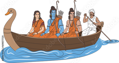 Lord Rama, Sita, and Lakshmana crossing the Ganga with Guha the boatman illustration