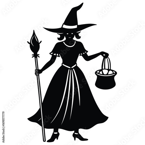 A black silhouette of a witch in a pointed hat, holding a broom and a bucket, walking.