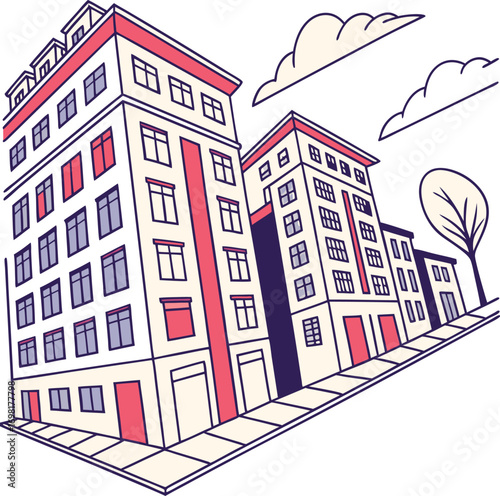 Stylized city street scene illustration, modern buildings evoke urban living, architecture design