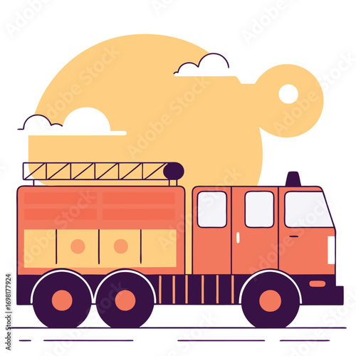 Stylized orange fire truck with ladder and clouds