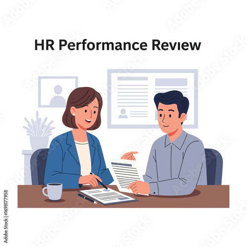 Vector art of hr performance review meeting between manager and employee