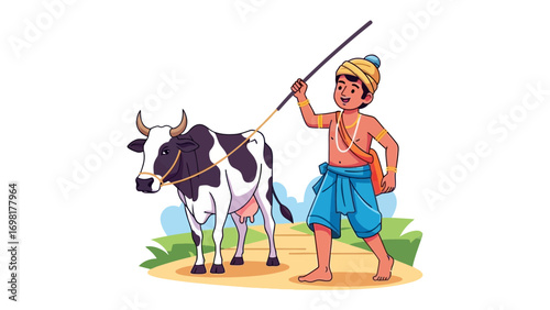 Farmer and Cow: Depicting a young farmer in traditional attire guiding a cow along a rural path, this image captures the essence of agriculture and pastoral life.