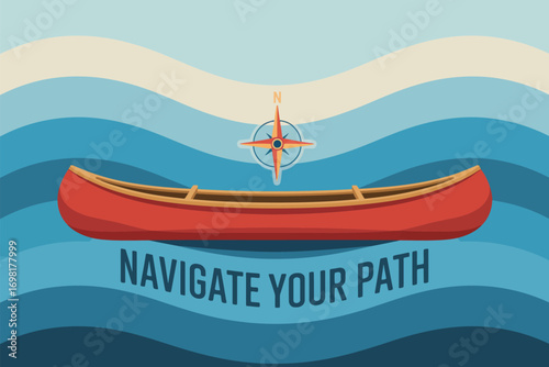 A red canoe floating on blue waves with a compass above and navigate your path text below it
