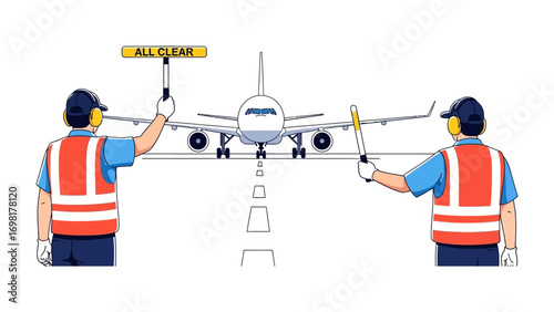Aviation Guidance: An illustration portrays air traffic controllers, safely guiding the aircraft along the runway, ensuring a clear path for smooth operations