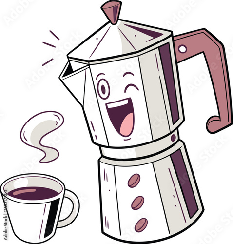Cheerful moka pot character making fresh coffee for a vibrant start to the day illustration