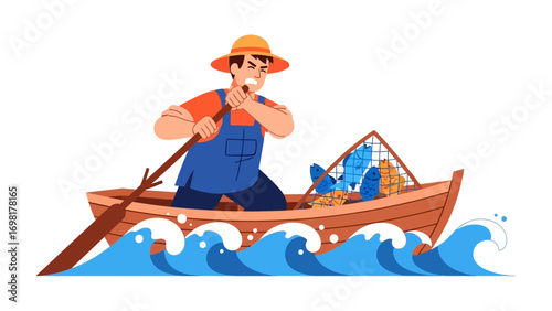 Struggling Fisherman in Turbulent Waters: A determined fisherman navigates a wooden boat through churning, high waves, demonstrating resilience against a powerful ocean, showcasing human effort.