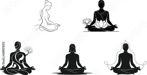 Yoga meditation pose silhouette vector set, women in lotus position, spiritual balance design, mindfulness, wellness, and inner peace illustration