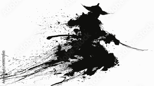 Japanese samurai warrior ink painting in black brush strokes with traditional Asian calligraphy art style