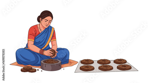 Traditional Cooking Scene: A woman in traditional attire, delicately shaping baked goods. She epitomizes the art of simple baking