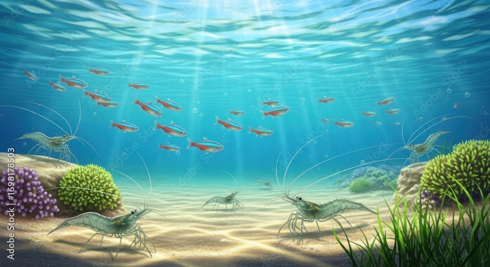 Fototapeta premium A vibrant underwater scene displays shrimp and small fish amidst a coral reef environment.
