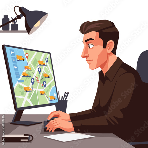 Logistics Manager Monitoring Delivery Routes on Computer