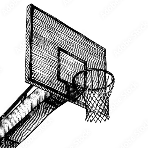 Low-angle sketch of a basketball hoop, black and white