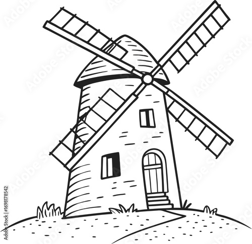 Charming windmill illustration on a hill, perfect for storybooks or educational materials