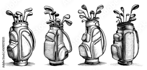 Golf bags with clubs in a vintage woodcut style, black and white illustration set