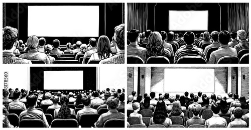 Set of monochrome woodcut illustrations of an audience watching a blank screen representing cinema, events, and presentations