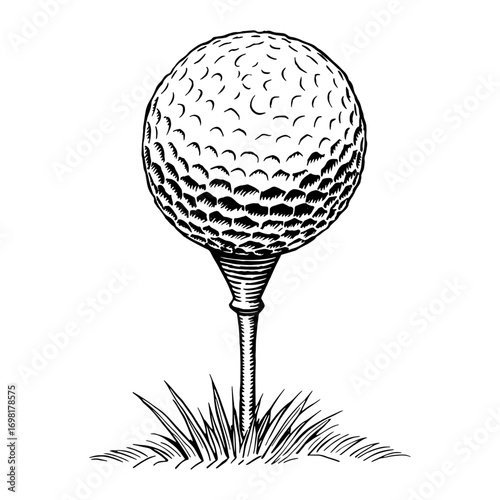 A single golf ball on a tee in a detailed black and white vintage line art style