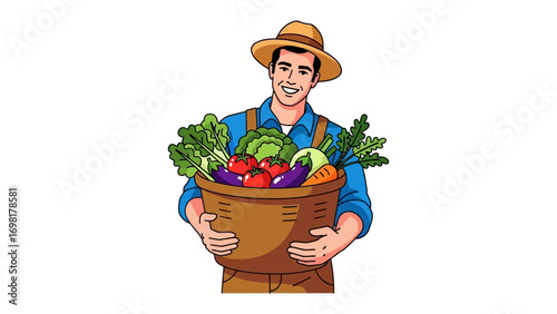 Happy Farmer with Fresh Produce: A smiling farmer stands proudly, cradling a bountiful basket filled with a vibrant assortment of freshly harvested vegetables.