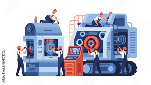 Industrial Machinery Assembly: Skilled technicians meticulously assemble complex industrial machinery, showcasing precision and teamwork in a modern factory setting.