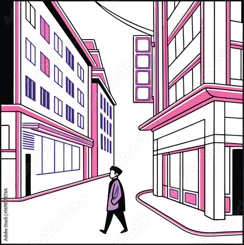 Stylish city street scene with pedestrian walking in trendy urban location, vector illustration