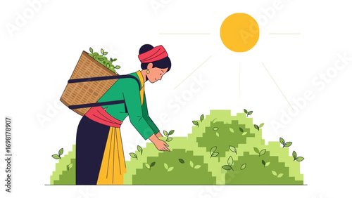 Tea Plucking Serenity: A lone figure, silhouetted against the bright sun, meticulously harvests tea leaves, the scene exuding a sense of tranquility, harmony with nature.