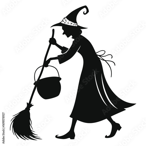 A black silhouette of a witch in a pointed hat, holding a broom and a bucket, walking.