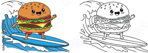 Adorable Cartoon Burger Surfer Riding a Wave on a Blue Board