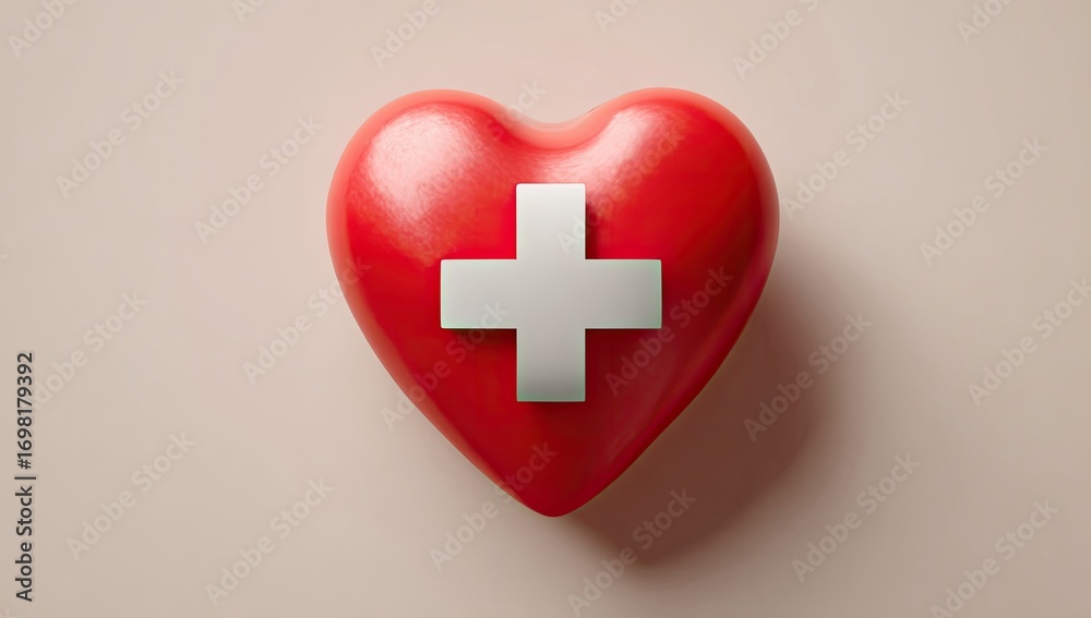 Fototapeta premium Red heart-shaped object with a white plus sign