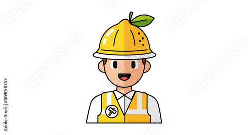 Vector illustration of a smiling industrial worker or builder wearing a safety vest and a unique yellow hard hat with a fresh lemon design
