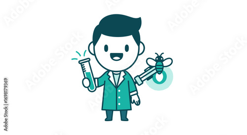 Vector illustration of a cute cartoon scientist experimenting with a glowing insect. Concept of bioluminescence, entomology, and scientific discovery