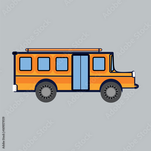 Cartoon illustration of an orange school bus on gray background