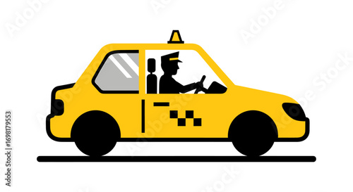 Vibrant yellow city taxi illustration with a professional driver, symbolizing efficient urban transportation, convenient travel, and reliable on-demand car services