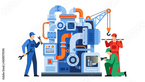 Machines and Menders: A skilled team meticulously attends to the intricacies of complex machinery, ensuring seamless operation and sustained functionality, showcasing expertise, collaboration.