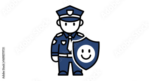 Illustrative depiction of a cheerful police officer standing guard with a smiley face shield, symbolizing safety and protection