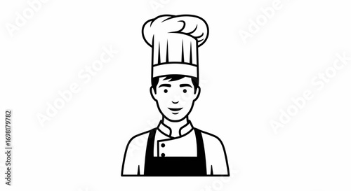 A black and white line art illustration of a professional male chef wearing a traditional toque hat and apron, perfect for culinary, restaurant, and gourmet food concepts