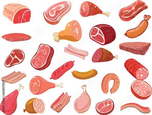 Vector doodle set of meat products – steaks, sausages, ham, bacon. Cartoon meat doodle collection for butcher shop and food design