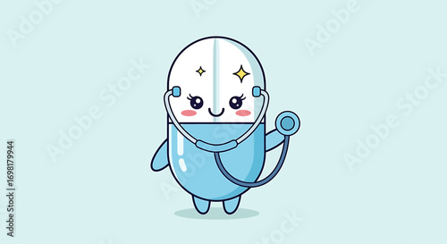 Charming vector illustration of a kawaii medicine pill character personified as a doctor with a stethoscope on a light blue background