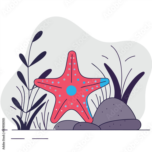 Vibrant red starfish amidst underwater plants and rocks